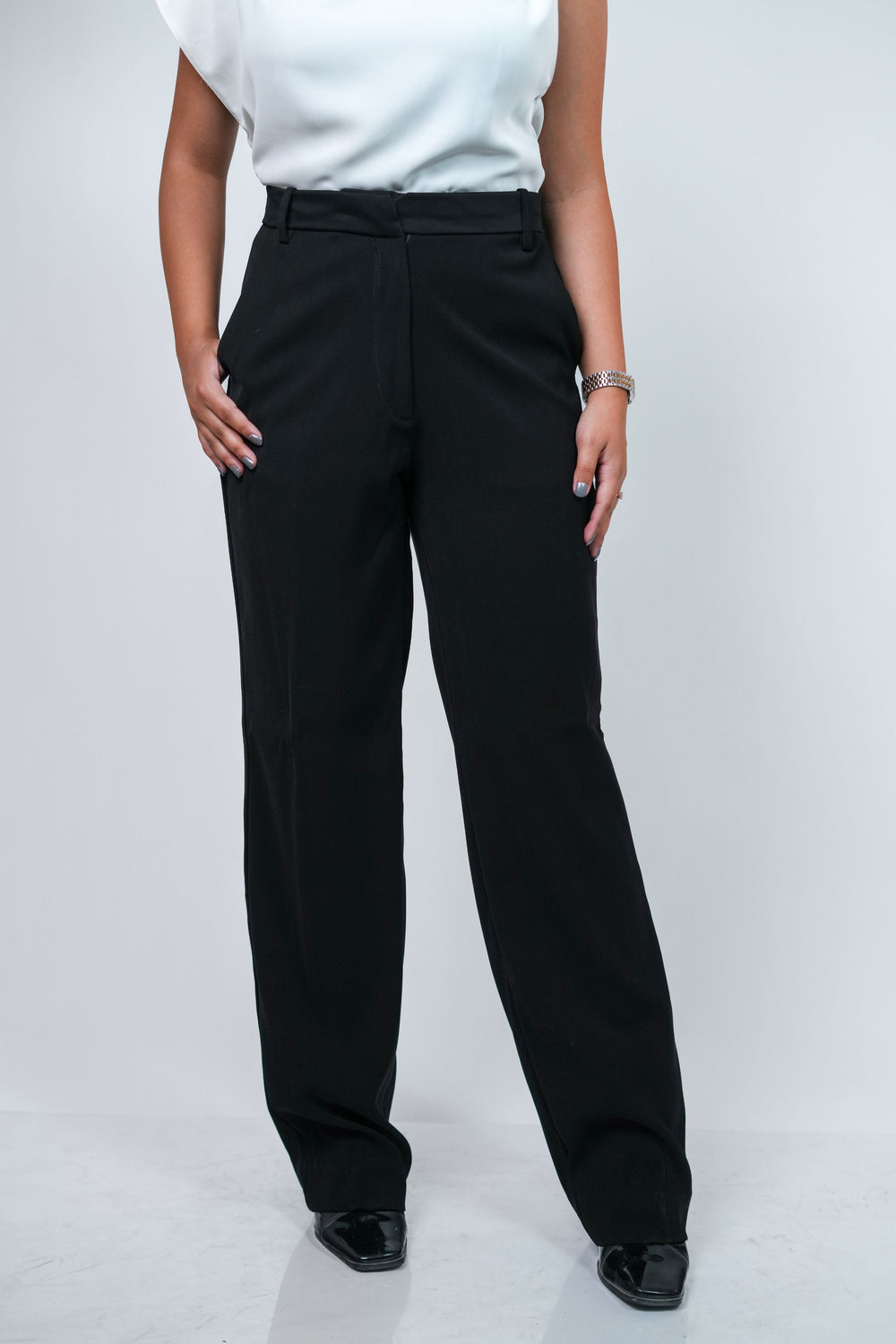 High Waist Straight Trousers - Jet Black